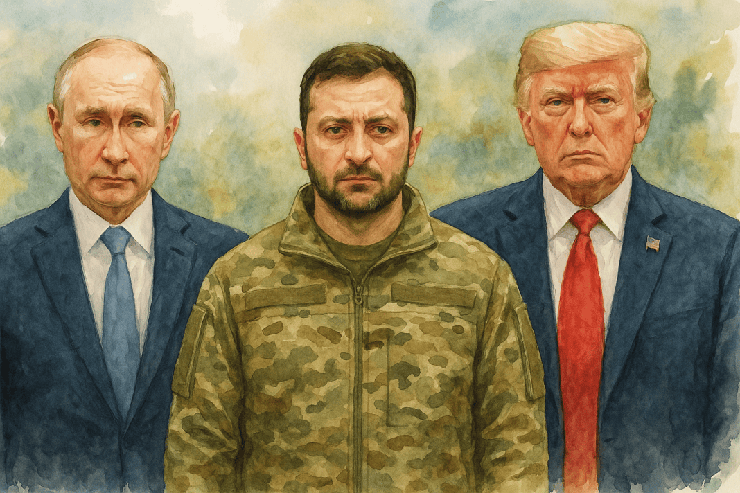 Володимир Зеленський у військовій формі стоїть між Дональдом Трампом і Володимиром Путіним, які одягнені в ділові костюми; всі троє з серйозними виразами обличчя на фоні акварельної композиції. Мирні переговори Росія і Україна