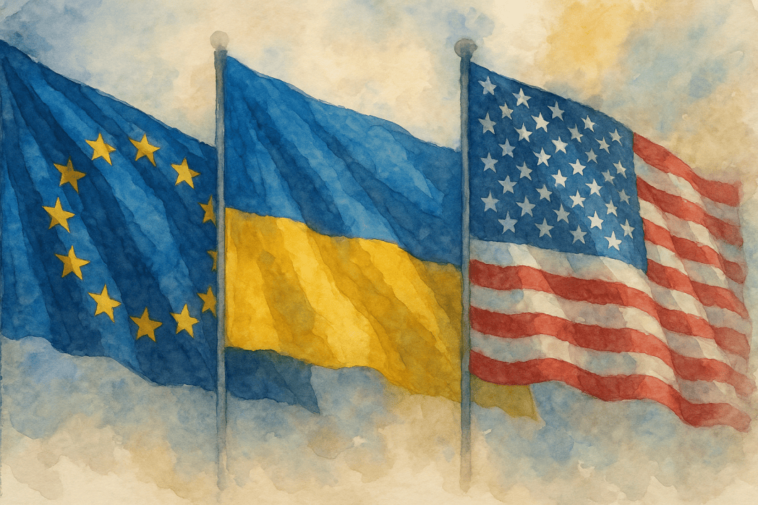 Демонстративна відсутність: нова парадигма американської політики щодо України Акварельний малюнок трьох прапорів — ЄС, України та США, що символізує західну підтримку та спільні зусилля під час мирних переговорів Росії та України.