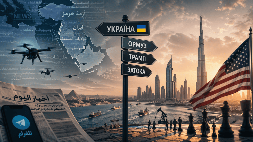 Геополітична візуалізація сприйняття України в арабському світі: цифровий колаж із картою Близького Сходу, Ормузькою протокою, дронами та медійними символами показує, як Україна інтерпретується через конфлікти між США, Іраном і країнами Затоки. Зображення підкреслює роль інформаційних наративів, технологій і міжнародної політики у формуванні арабського медіаполя.